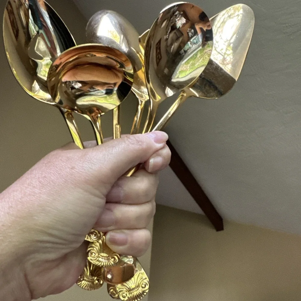 6pc Azuma Japan 24K Gold EP Hostess Set Pierced Vegetable Spoon Pie Server Ladle